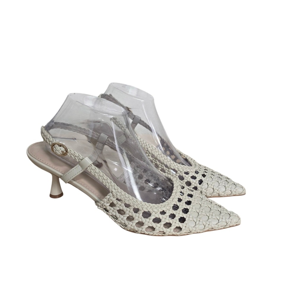Nicole Miller New York Knotty Woven Slingback Kitten Heels Cream Pointed Toe 10
